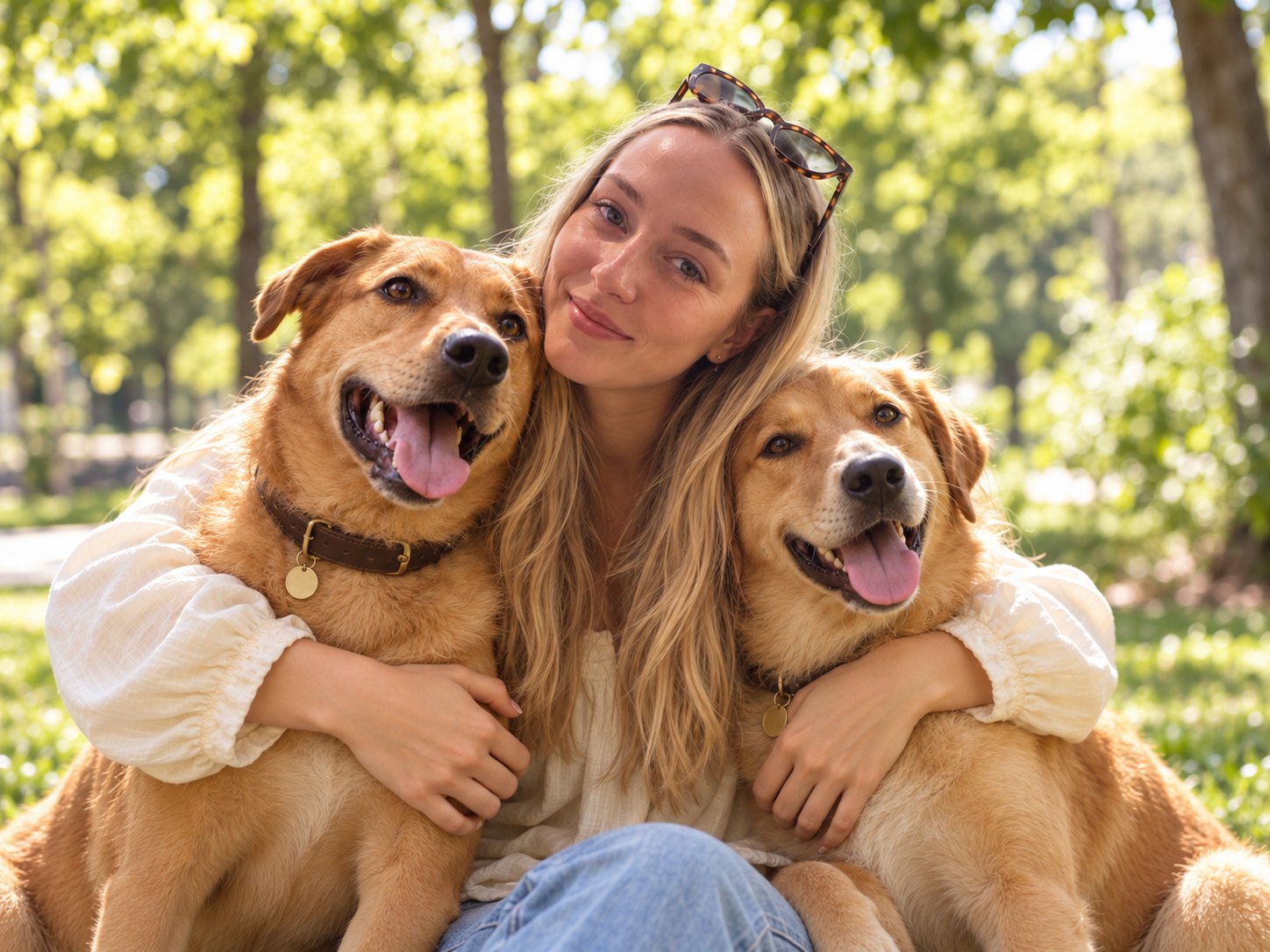 Taylor in a park with two very happy dogs